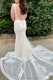 White Lace Illusion Neck Mermaid Long Bridal Gown