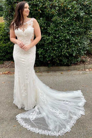 White Lace Illusion Neck Mermaid Long Bridal Gown
