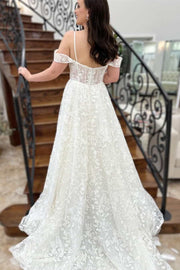 White Floral Lace Cold-Shoulder A-Line Bridal Gown