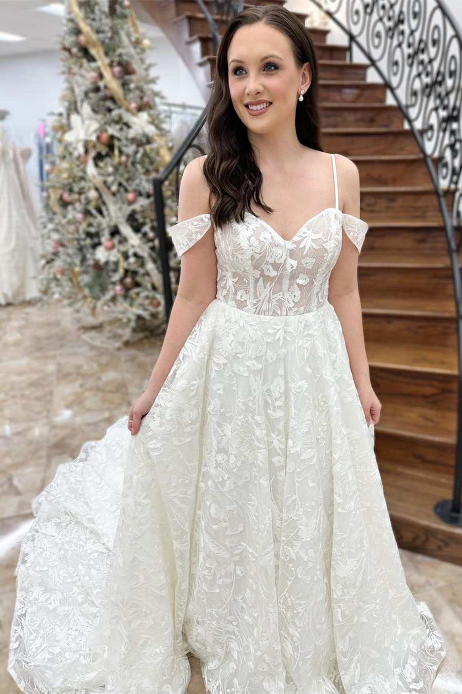 White Floral Lace Cold-Shoulder A-Line Bridal Gown
