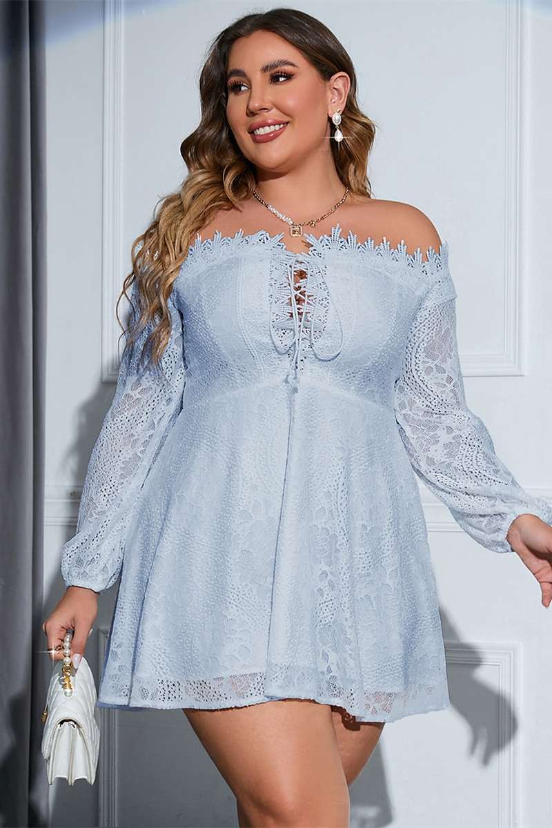 Plus Size Off-White Lace Off-the-Shoulder Long Sleeve Party Dress