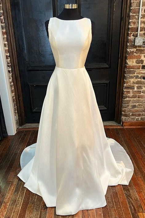 White Satin Crew Neck Bow-Back A-Line Wedding Dress Modsele White Satin Crew Neck Bow-Back A-Line Wedding Dress Modsele