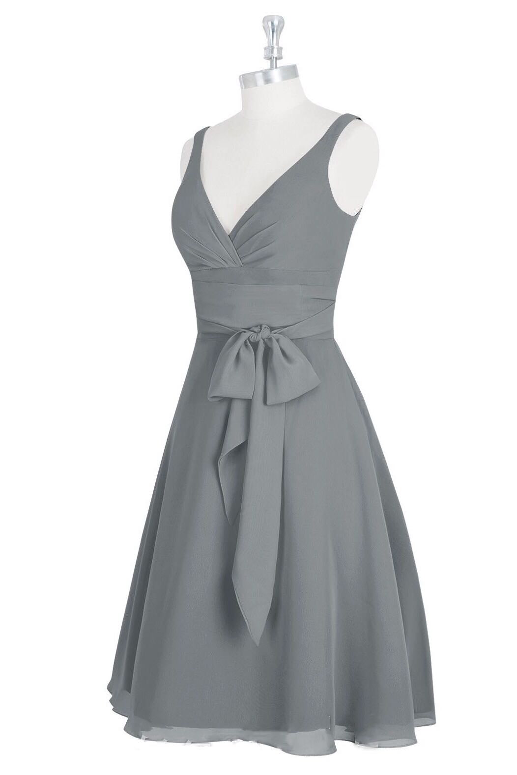 Grey V-Neck Tie-Front A-Line Short Bridesmaid Dress