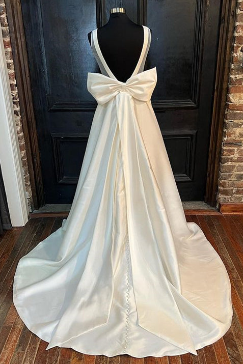 White Satin Crew Neck Bow-Back A-Line Wedding Dress