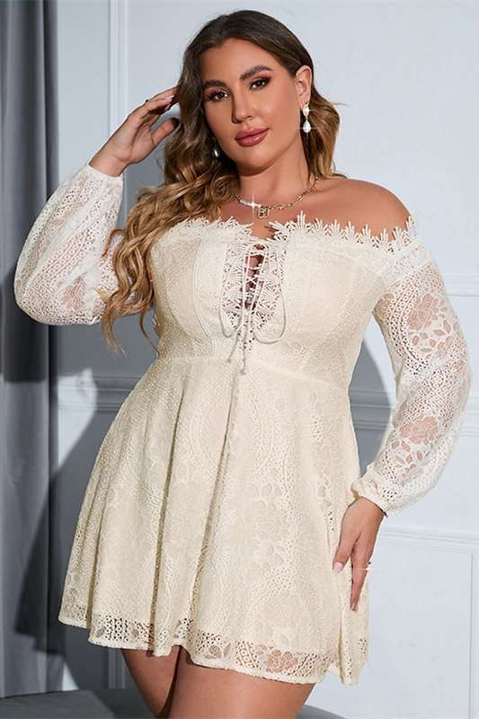 Plus Size Off-White Lace Off-the-Shoulder Long Sleeve Party Dress Modsele Plus Size Off-White Lace Off-the-Shoulder Long Sleeve Party Dress Modsele
