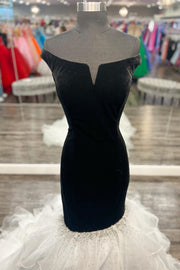 Black Velvet Off-the-Shoulder Multi-Layer Trumpet Formal Gown