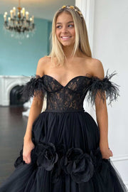 Lace Feather Off-the-Shoulder A-Line Long Prom Dress with 3D Floral Lace