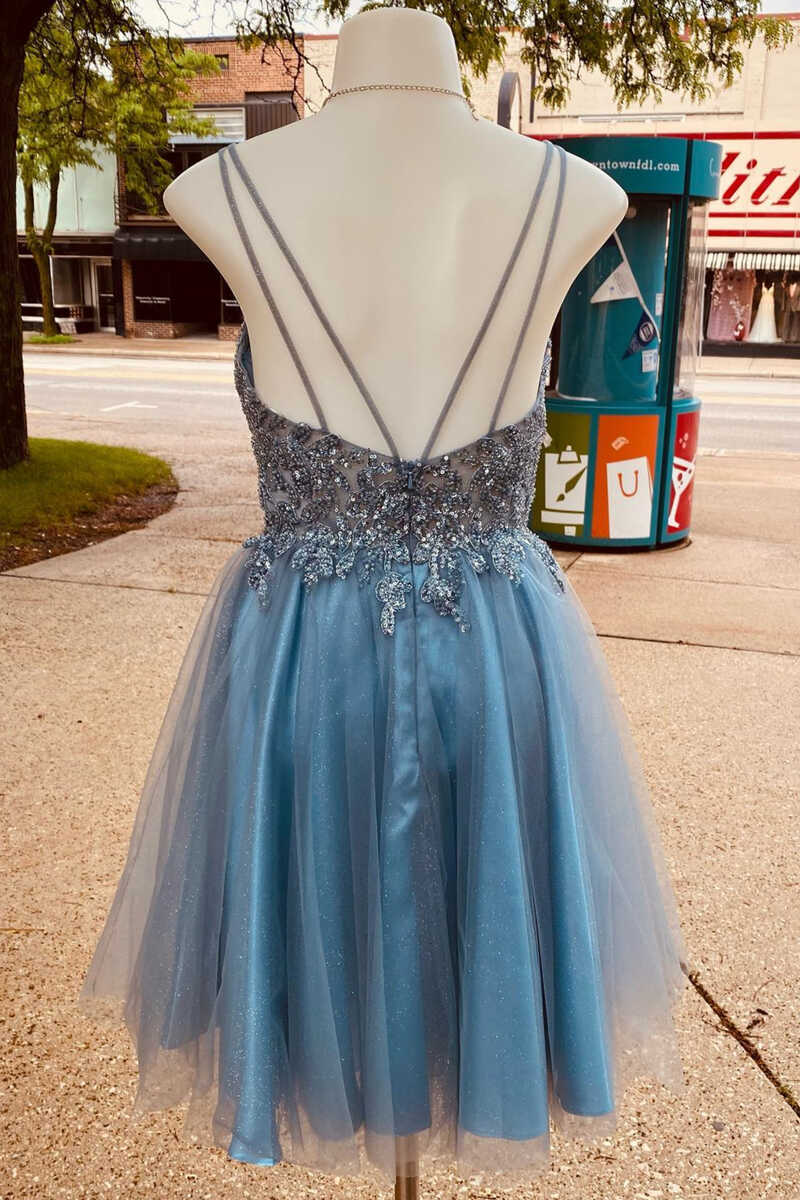 Stunning Blue Sequins Plunge Neck A-Line Short Homecoming Dress