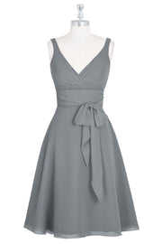 Grey V-Neck Tie-Front A-Line Short Bridesmaid Dress