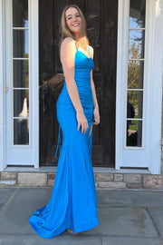 Blue Straps Lace-Up Mermaid Long Prom Gown