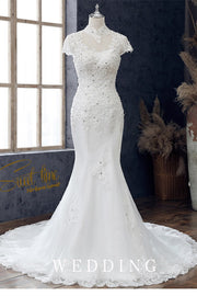 White Appliqués High Collar Cutout Mermaid Wedding Dress