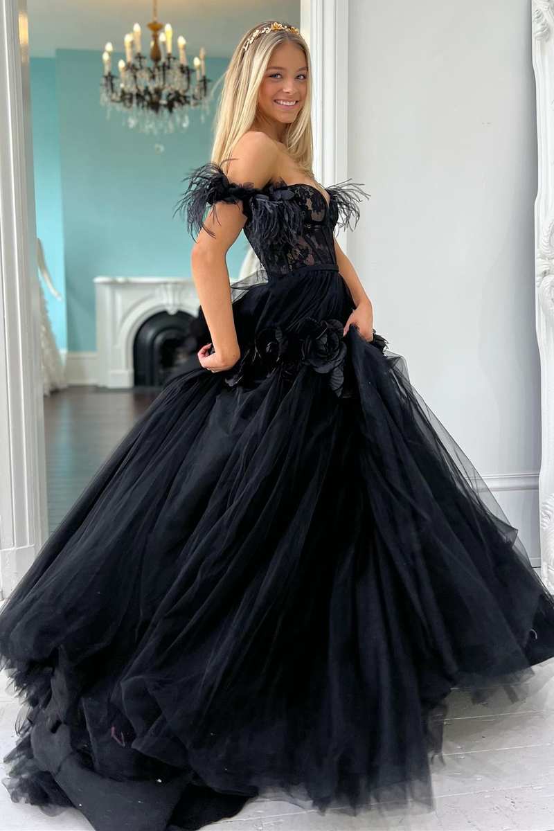 Lace Feather Off-the-Shoulder A-Line Long Prom Dress with 3D Floral Lace