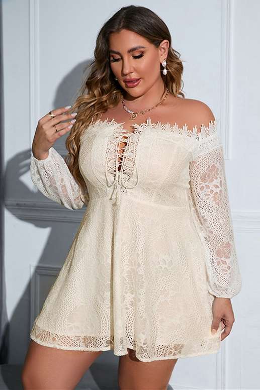 Plus Size Off-White Lace Off-the-Shoulder Long Sleeve Party Dress Modsele Plus Size Off-White Lace Off-the-Shoulder Long Sleeve Party Dress Modsele