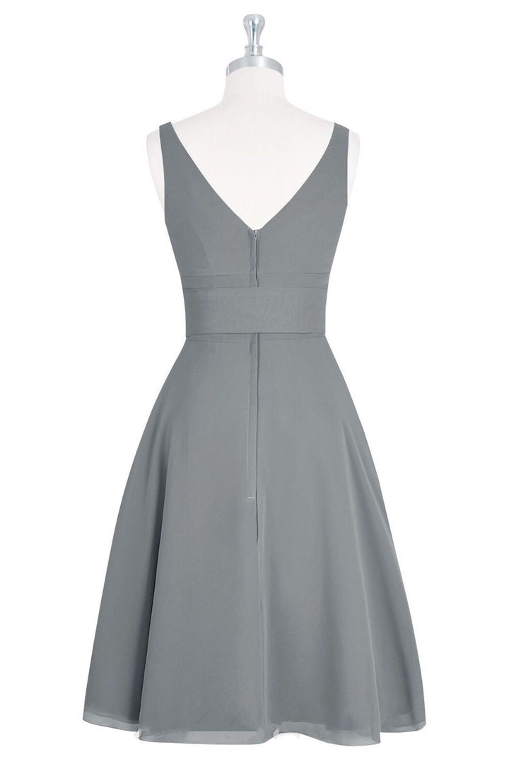 Grey V-Neck Tie-Front A-Line Short Bridesmaid Dress