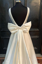 White Satin Crew Neck Bow-Back A-Line Wedding Dress