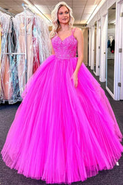 Neon Pink Lace V-Neck Lace-Up Back A-Line Long Ball Gown