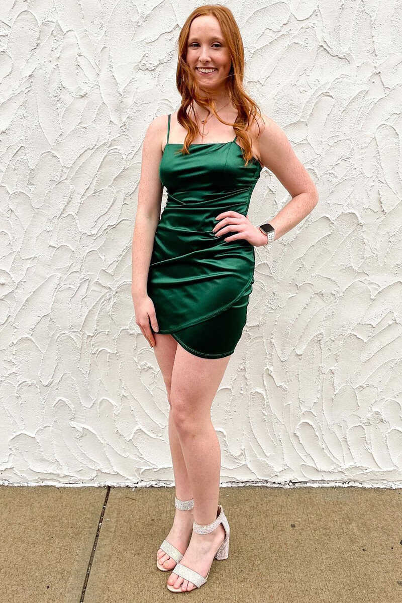 Green Spaghetti Straps Ruched Mini Homecoming Dress