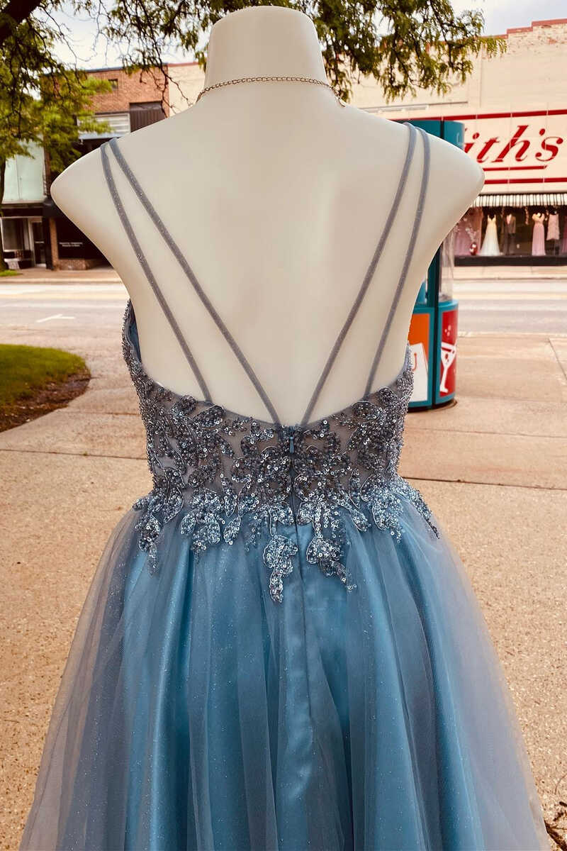 Stunning Blue Sequins Plunge Neck A-Line Short Homecoming Dress