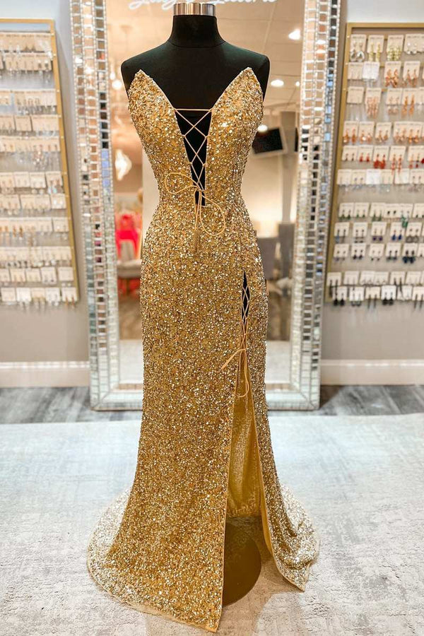 Gold Sequin V-Neck Spaghetti Strap Mermaid Prom Dress – Modsele