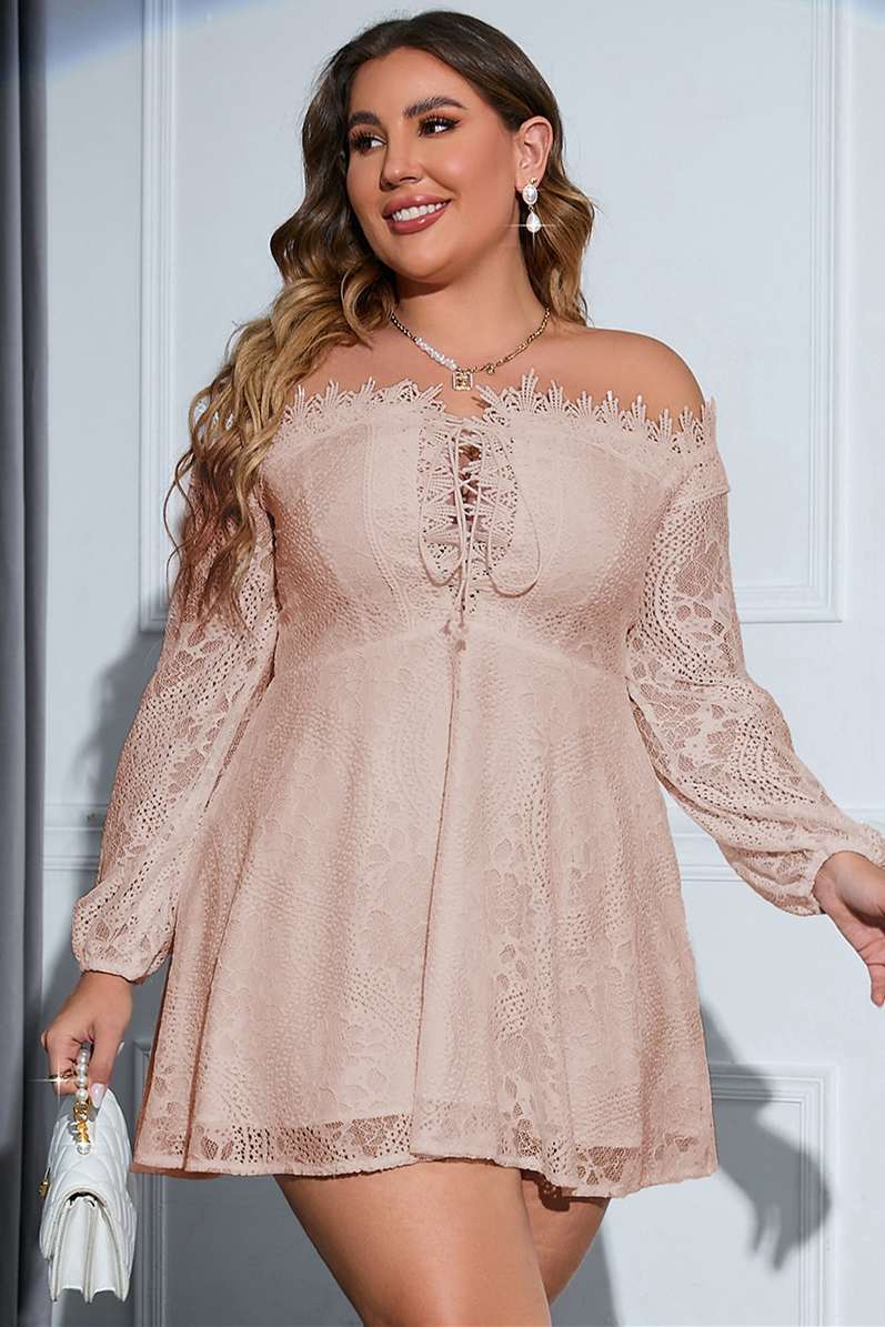 Plus Size Off-White Lace Off-the-Shoulder Long Sleeve Party Dress