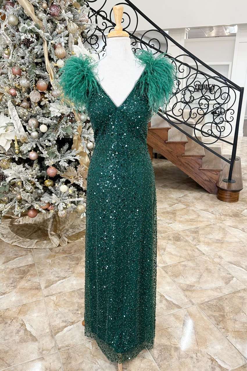 Emerald Sequin Feather V-Neck Long Formal Dress