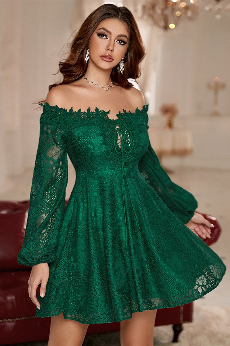 Off-White Lace Off-the-Shoulder Long Sleeve A-Line Party Dress Modsele Off-White Lace Off-the-Shoulder Long Sleeve A-Line Party Dress Modsele