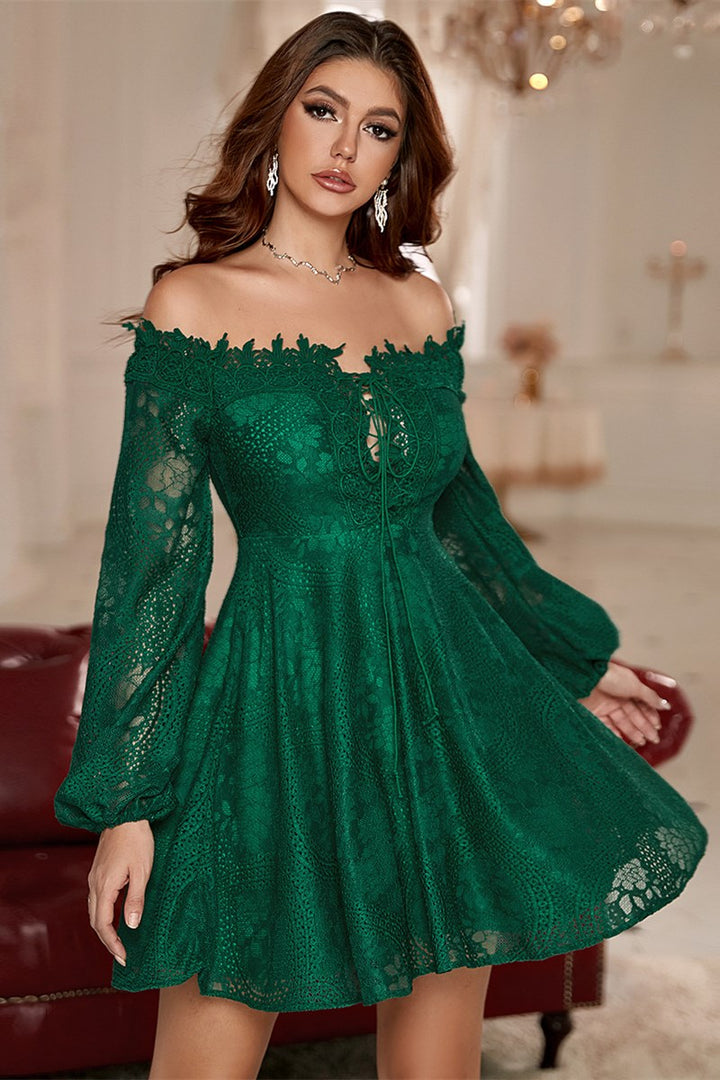 Off-White Lace Off-the-Shoulder Long Sleeve A-Line Party Dress
