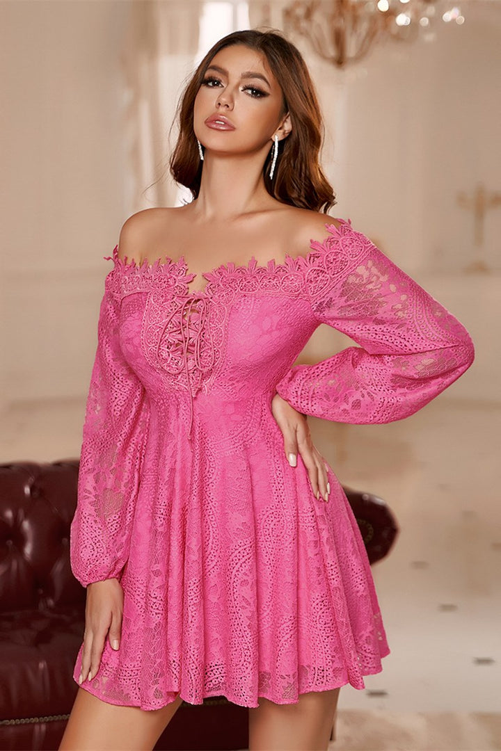 Off-White Lace Off-the-Shoulder Long Sleeve A-Line Party Dress