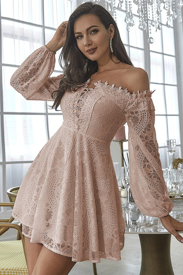 Off-White Lace Off-the-Shoulder Long Sleeve A-Line Party Dress