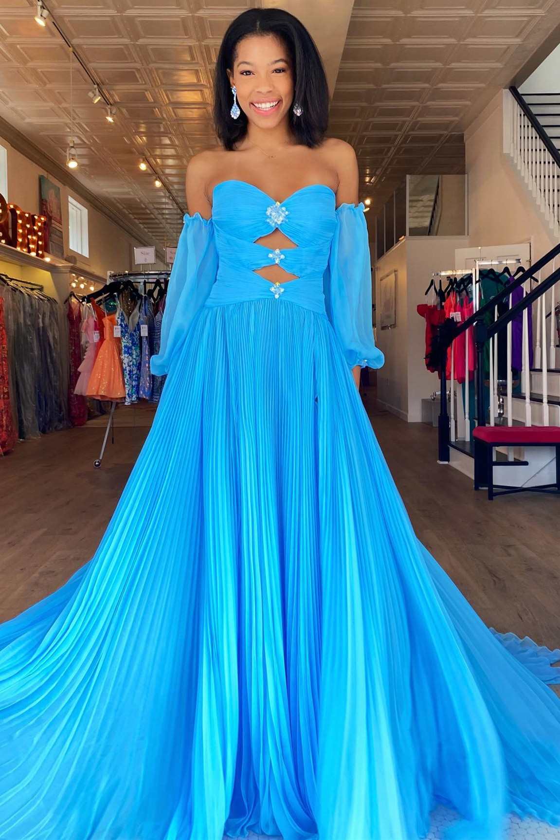 Off-Shoulder Beaded Strapless Cutout Long Prom Dress with Balloon Sleeves