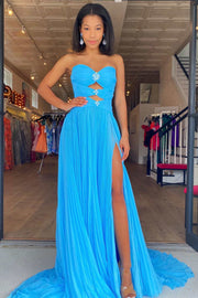 Red Beaded Strapless Cutout Long Prom Dress with Balloon Sleeves