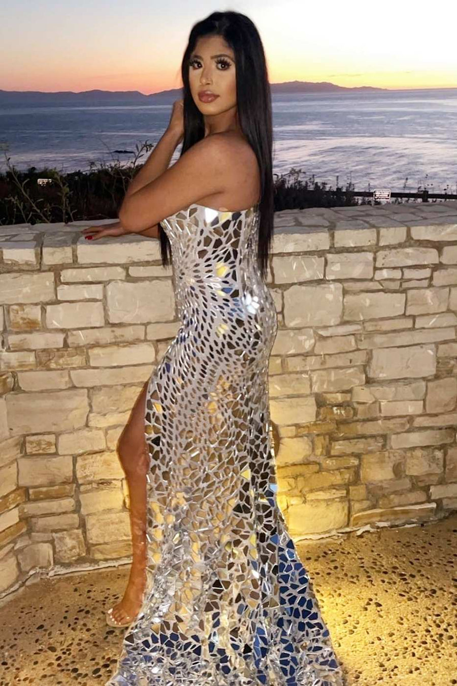 Red Cut Glass Mirror One-Shoulder Prom Dress with Slit Modsele Red Cut Glass Mirror One-Shoulder Prom Dress with Slit Modsele