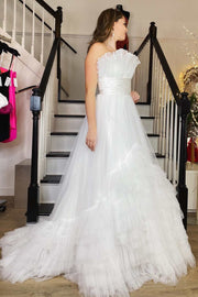 White Organza Strapless Belted A-Line Tiered Prom Dress with Ruffles