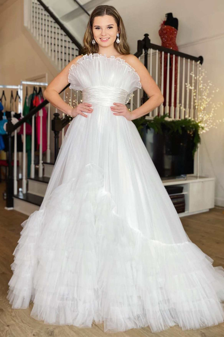 White Organza Strapless Belted A-Line Tiered Prom Dress with Ruffles