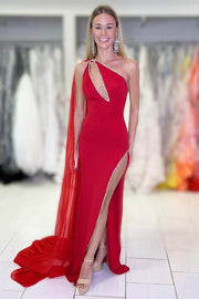 Red Beaded One-Shoulder Keyhole Long Formal Dress with Slit