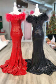 Red Sequin Off-the-Shoulder Feathers Mermaid Long Prom Gown