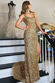 Gold Sequin Square Neck Backless Long Formal Dress with Slit