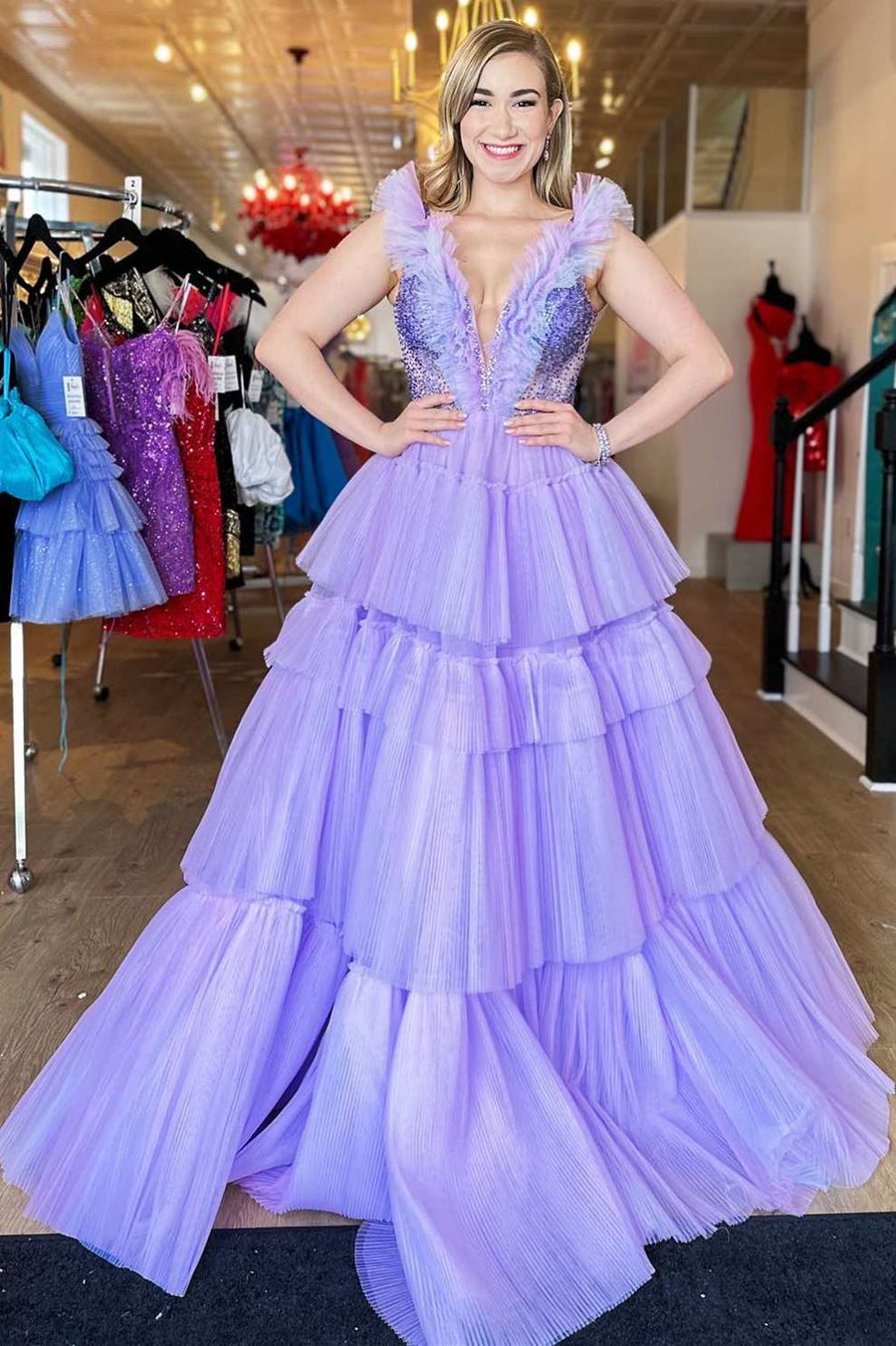 Lavender Beaded Plunge V Tiered A-Line Prom Gown with Ruffles