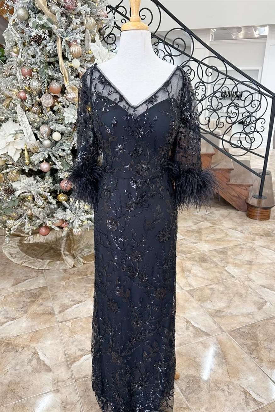 Black Lace Feather V-Neck A-Line Formal Dress