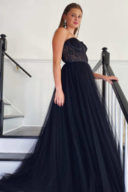 Black Tulle Strapless A-Line Long Prom Dress