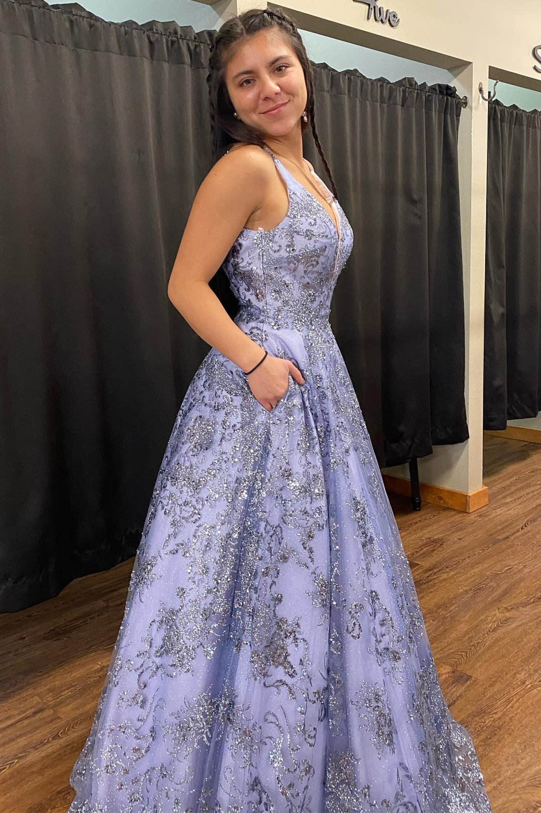 Lavender Tulle Sequin Plunge V A-Line Long Prom Dress