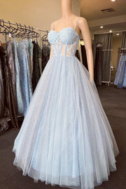 Light Blue Floral Lace Sweetheart A-Line Prom Dress