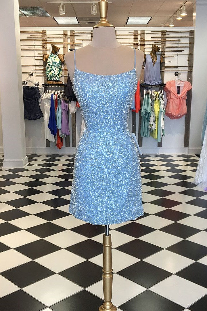 blue dress for baby girl Zapakasa Women Glitter Light Blue Tight Sequins Homecoming Dress Spaghetti Straps Beaded Corset Short Prom Dress, Light Blue / Custom main image 0