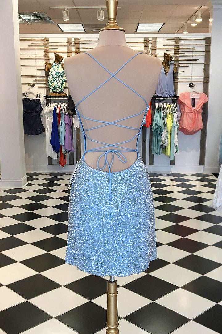 Sky Blue Sequin Lace-Up Back Short Dress Modsele Sky Blue Sequin Lace-Up Back Short Dress Modsele