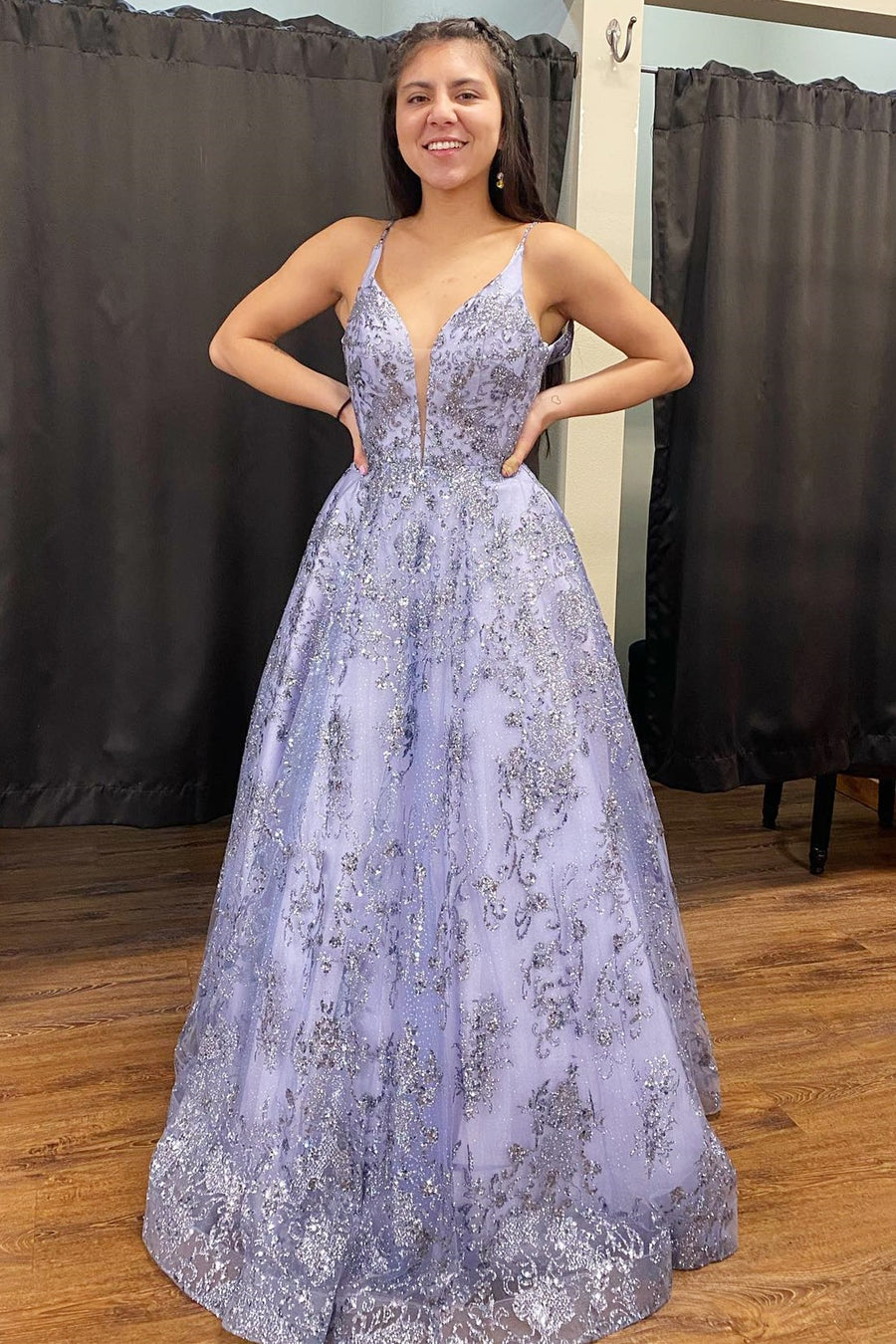 Lavender Tulle Sequin Plunge V A-Line Long Prom Dress