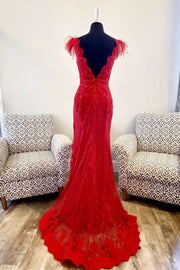 Red Feather Plunge V Mermaid Long Formal Dress with Slit