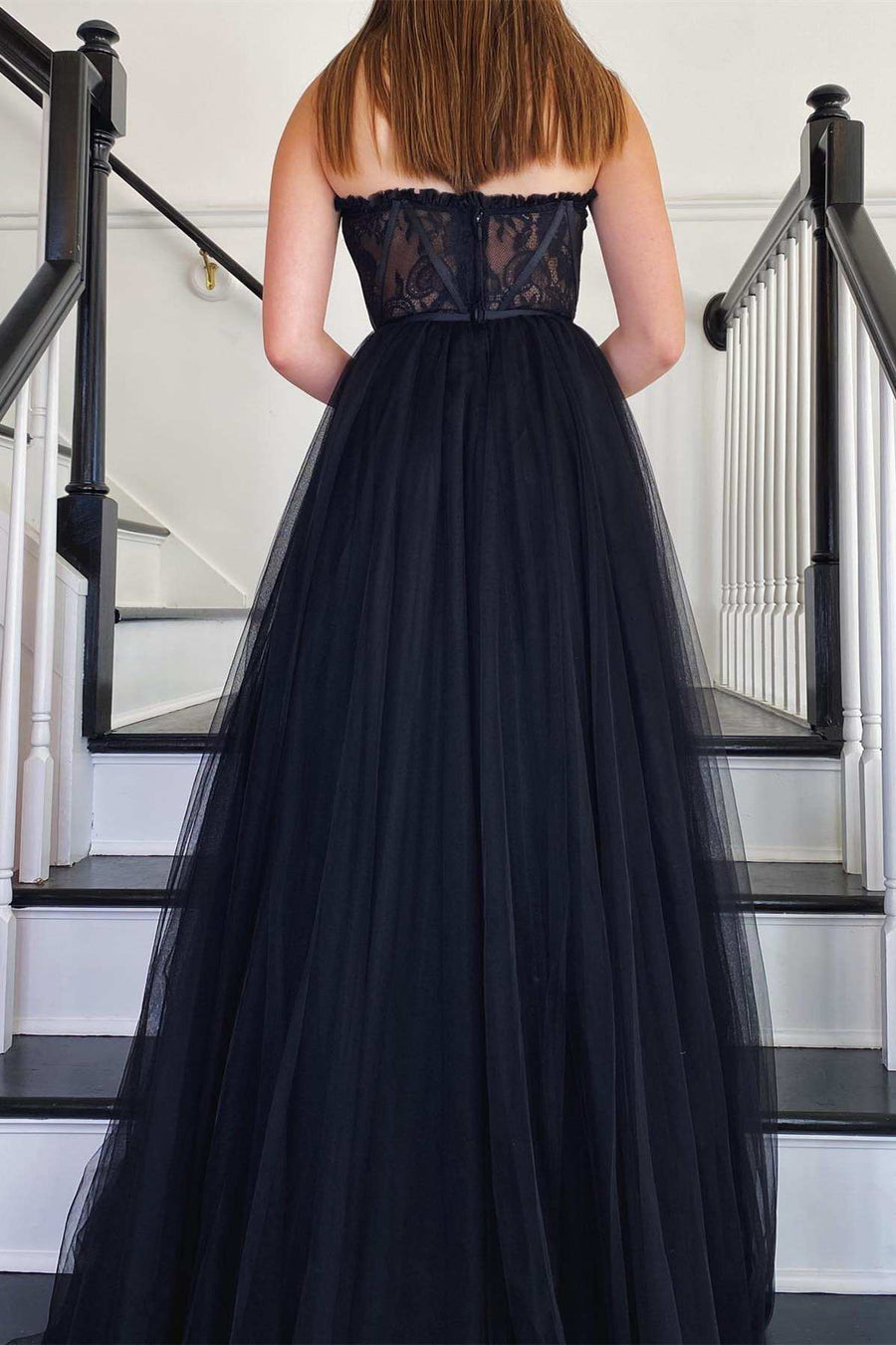 Black Tulle Strapless A-Line Long Prom Dress