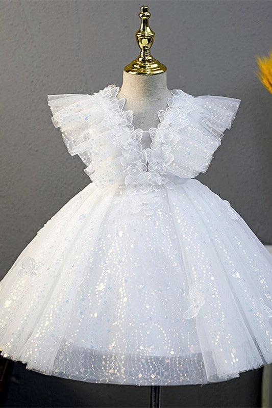 White Sequins Butterfly Ruffled Sleeve Girl Party Dress