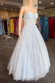 Light Blue Floral Lace Sweetheart A-Line Prom Dress