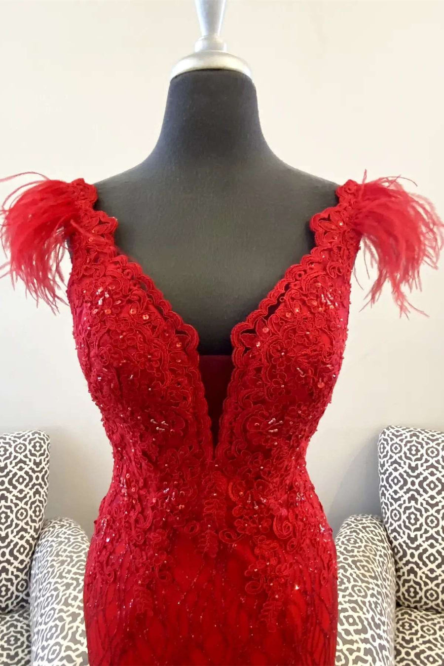 Red Feather Plunge V Mermaid Long Formal Dress with Slit